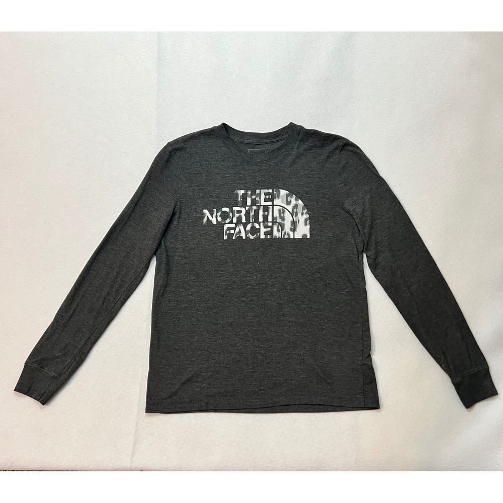 The North Face Women's Long Sleeve Gorpcore Travel Tee Grey Cheetah Logo Sz M‎